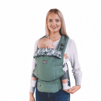 mochila ergonomica love and carry con detalle de las tres posiciones de porteo: delante, espalda y cadera